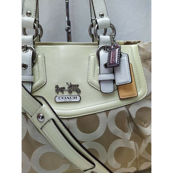 Coach Madison Beige Canvas Light Yellow Leather Trim Tote Shoulder Bag - Picture 4 of 13